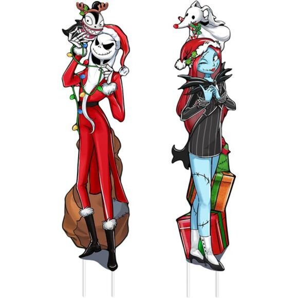 Christmas Jack Skellington Yard Sign with Stakes Xmas Sally Ghost Gift Lawn Sign